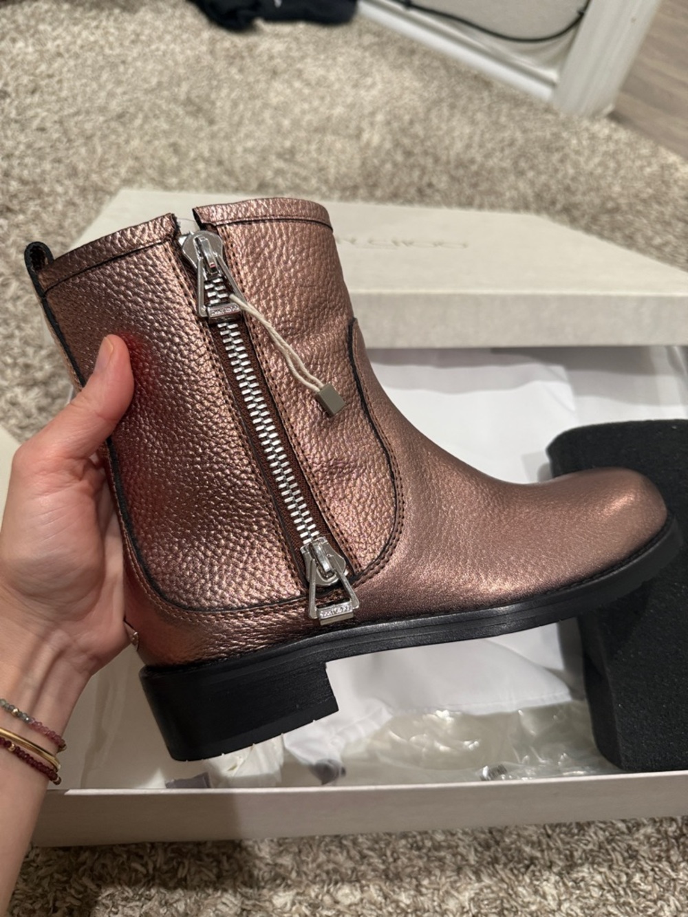 JIMMY CHOO
Dondo metallic pebbled-leather boots Metallic Rose Gold Ankle Boots